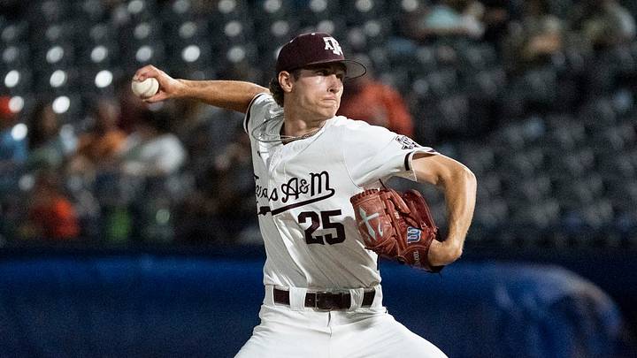 Texas A&M Aggies' Clayton Freshcorn (25) pitches as Auburn Tigers take on Texas A&M Aggies during the SEC baseball tournament at Hoover Metropolitan Stadium in Hoover, Ala. on Friday, May 22, 2026. Auburn Tigers defeated Texas A&M Aggies 7-0.
