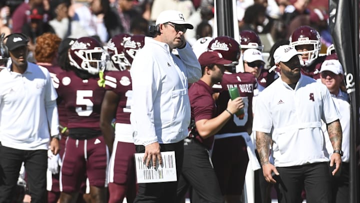 Mississippi State Bulldogs head coach Jeff Lebby stands on the sideline after a play during the first quarter of the game against the Arkansas Razorbacks at Davis Wade Stadium at Scott Field.