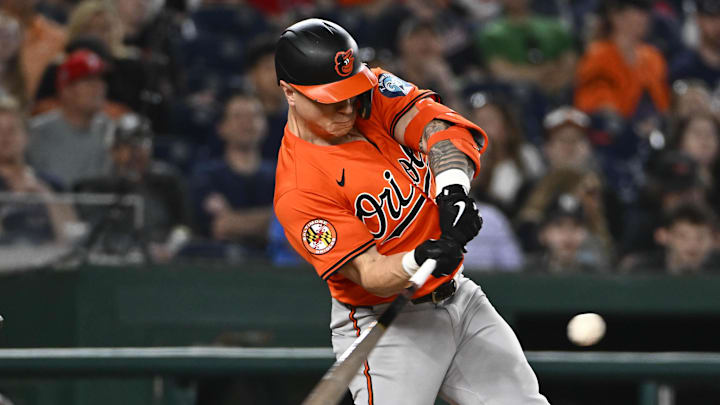 Baltimore Orioles outfielder Tyler O'Neill (9) hits a RBI sacrifice fly Baltimore Orioles outfielder Tyler O'Neill (9) hits a RBI sacrifice fly