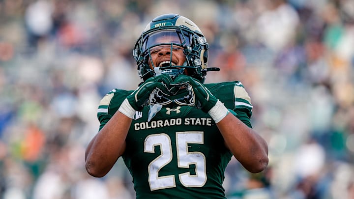 Nov 28, 2025; Fort Collins, Colorado, USA; Colorado State Rams running back Lloyd Avant (25) celebrates after his touchdown in the third quarter against the Air Force Falcons at Sonny Lubick Field at Canvas Stadium. Mandatory Credit: Isaiah J. Downing-Imagn Images