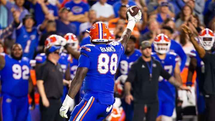 Florida Gators defensive lineman Caleb Banks (88) comes up the fumble during the second half at Ben Hill Griffin Stadium in Gainesville, FL on Saturday, November 16, 2024. The Gators defeated the Tigers 27-16. [Doug Engle/Gainesville Sun]