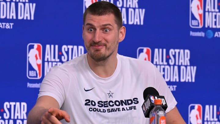 Feb 14, 2026; Los Angeles, CA, USA; Team World center Nikola Jokic (15) of the Denver Nuggets during a news conference for the NBA All Star game at Intuit Dome. Mandatory Credit: Jayne Kamin-Oncea-Imagn Images
