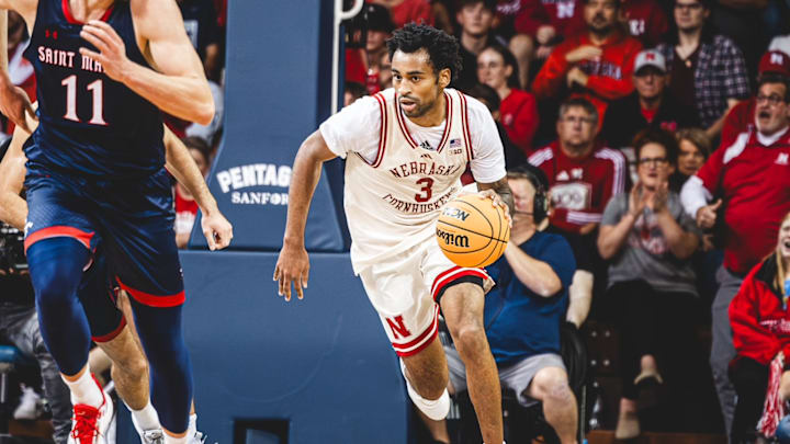 Nebraska guard Brice Williams handles the ball against Saint Mary's at the Sanford Pentagon in Sioux Falls, South Dakota. Nebraska guard Brice Williams handles the ball against Saint Mary's at the Sanford Pentagon in Sioux Falls, South Dakota.