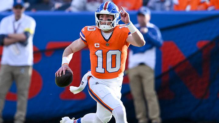 DENVER, CO - JANUARY 04: Bo Nix 10 of the Denver Broncos, scrambles out of the pocket looking for a receiver, during a game between the Los Angeles Chargers and the Denver Broncos at Empower Field at Mile High in Denver, CO on January 04, 2026. DENVER, CO - JANUARY 04: Bo Nix 10 of the Denver Broncos, scrambles out of the pocket looking for a receiver, during a game between the Los Angeles Chargers and the Denver Broncos at Empower Field at Mile High in Denver, CO on January 04, 2026.