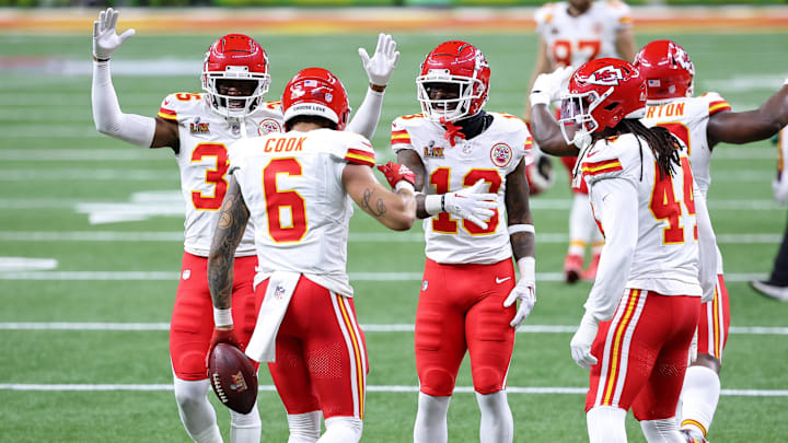Kansas City Chiefs safety Bryan Cook (6) is congratulated by teammates after making an interception against the Philadelphia Eagles during the first half of Super Bowl LIX at Caesars Superdome.