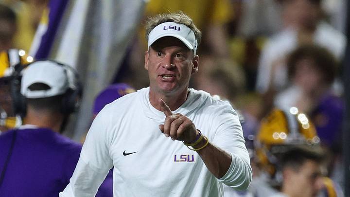LSU Tigers head coach Lane Kiffin reacts to a call during the second quarter against the Texas A&M Aggies at Tiger Stadium. LSU Tigers head coach Lane Kiffin reacts to a call during the second quarter against the Texas A&M Aggies at Tiger Stadium.