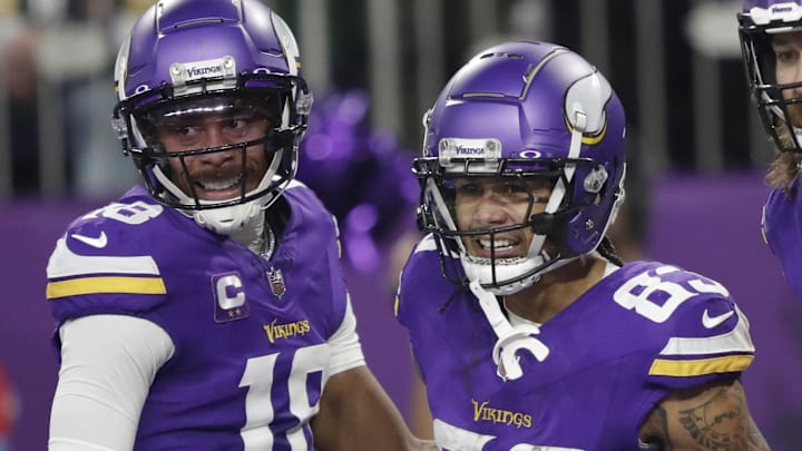 Dec 29, 2024; Minneapolis, Minnesota, USA; Minnesota Vikings wide receiver Jalen Nailor (83) celebrates scoring a touchdown with teammates during their football game against the Green Bay Packers at U.S. Bank Stadium. Mandatory Credit: Dan Powers/USA TODAY NETWORK-Wisconsin via Imagn Images