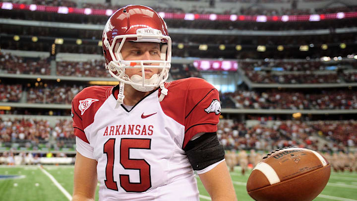 Oct. 9, 2010; Arlington, TX, USA; Arkansas Razorbacks quarterback (15) Ryan Mallett in the first half against the Texas A&M Aggies at Cowboys Stadium. Mandatory Credit: Mark J. Rebilas-Imagn Images