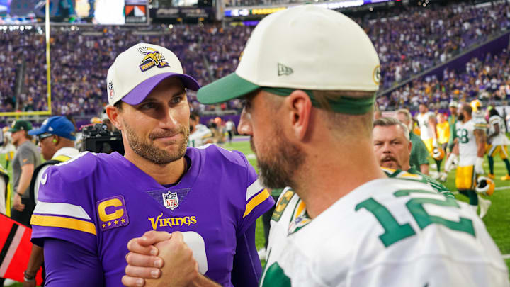 Minnesota Vikings (now Atlanta Falcons) quarterback Kirk Cousins and Green Bay Packers quarterback Aaron Rodgers (now Jets). Minnesota Vikings (now Atlanta Falcons) quarterback Kirk Cousins and Green Bay Packers quarterback Aaron Rodgers (now Jets).