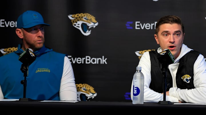 Jacksonville Jaguars general manager James Gladstone, right, speaks as head coach Liam Coen looks on during a press conference at the Miller Electric Center, Wednesday, Jan. 14, 2026, in Jacksonville, Fla. Jacksonville Jaguars general manager James Gladstone, right, speaks as head coach Liam Coen looks on during a press conference at the Miller Electric Center, Wednesday, Jan. 14, 2026, in Jacksonville, Fla.