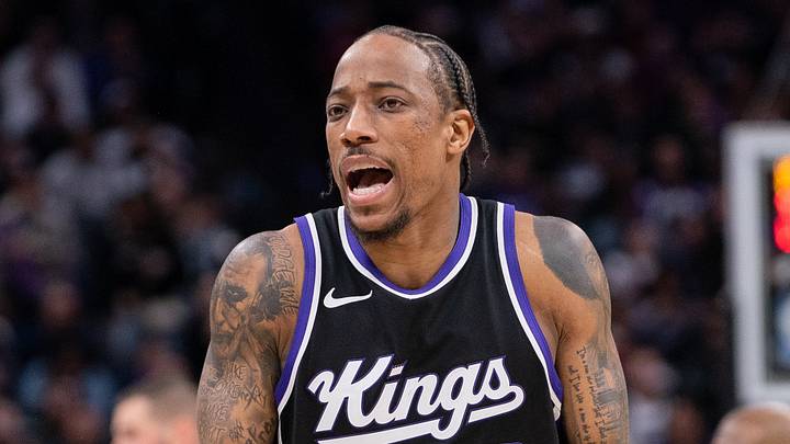 Mar 7, 2025; Sacramento, California, USA; Sacramento Kings forward DeMar DeRozan (10) reacts to a call during the fourth quarter of the game against the San Antonio Spurs at Golden 1 Center. Mandatory Credit: Ed Szczepanski-Imagn Images
