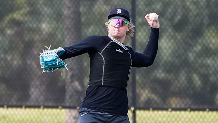 Detroit Tigers minor league outfielder Max Clark works out during spring training at TigerTown in Lakeland on Friday, Feb. 20, 2025.