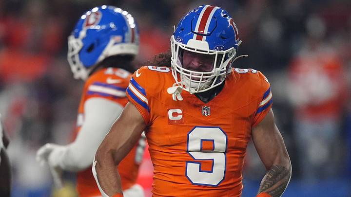 Nov 6, 2025; Denver, Colorado, USA; Denver Broncos safety Talanoa Hufanga (9) reacts against the Las Vegas Raiders during the first half at Empower Field at Mile High. 