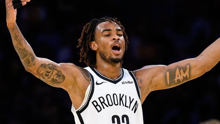 Mar 27, 2026; Los Angeles, California, USA; Brooklyn Nets center Nic Claxton (33) reacts during the first half against the Los Angeles Lakers at Crypto.com Arena. Mandatory Credit: William Liang-Imagn Images