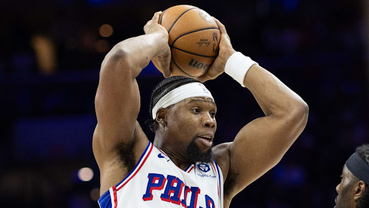 Jan 15, 2025; Philadelphia, Pennsylvania, USA; Philadelphia 76ers forward Guerschon Yabusele (28) in action against the New York Knicks during the fourth quarter at Wells Fargo Center. Mandatory Credit: Bill Streicher-Imagn Images