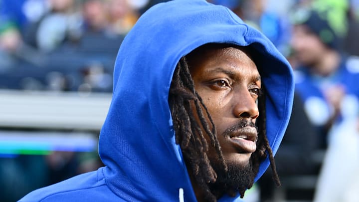 Riq Woolen of the Seattle Seahawks rests Riq Woolen of the Seattle Seahawks rests