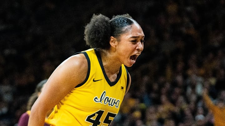 Iowa forward Hannah Stuelke (45) celebrates an and-1 would during a game against Minnesota on Feb. 5, 2026, at Carver-Hawkeye Arena.