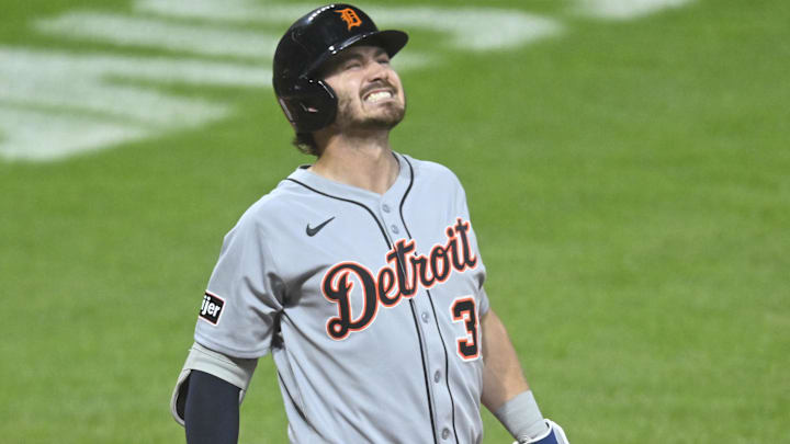 Sep 24, 2025; Cleveland, Ohio, USA; Detroit Tigers third baseman Zach McKinstry (39) reacts after he was hit by a pitch in the sixth inning against the Cleveland Guardians at Progressive Field. Mandatory Credit: David Richard-Imagn Images