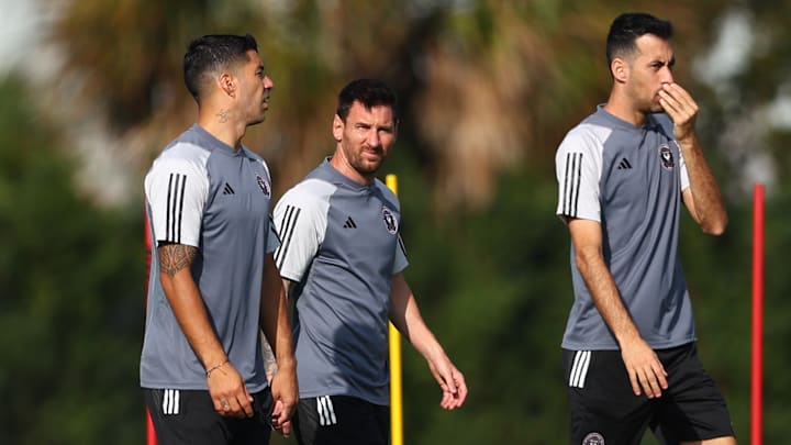 El uruguayo Luis Suárez, el argentino Lionel Messi y el español Sergio Busquets durante el entrenamiento del Inter Miami.