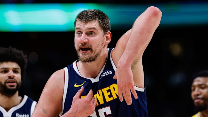 Mar 5, 2026; Denver, Colorado, USA; Denver Nuggets center Nikola Jokic (15) gestures after a play in the third quarter against the Los Angeles Lakers at Ball Arena. Mandatory Credit: Isaiah J. Downing-Imagn Images