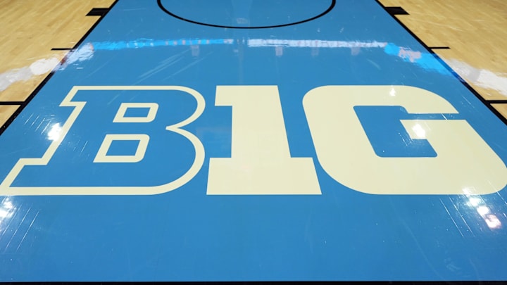 The B1G logo on the UCLA home court. The Bruins will participate in their first Big Ten tournament in Indianapolis in 2025.