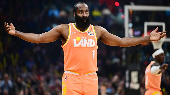 Feb 24, 2026; Cleveland, Ohio, USA; Cleveland Cavaliers guard James Harden (1) celebrates after hitting a three point basket against the New York Knicks during the second half at Rocket Arena. Mandatory Credit: Ken Blaze-Imagn Images