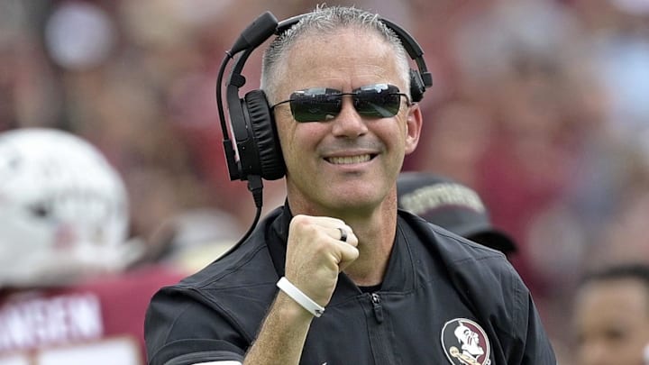 Sep 20, 2025; Tallahassee, Florida, USA; Florida State Seminoles head coach Mike Norvell reacts after a touchdown during the first half against the Kent State Golden Flashes at Doak S. Campbell Stadium. Mandatory Credit: Melina Myers-Imagn Images