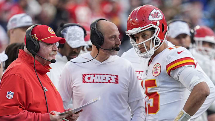 Nov 24, 2024; Charlotte, North Carolina, USA; Kansas City Chiefs head coach Andy Reid talks with quarterback Patrick Mahomes (15) during a time out during the second half against the Carolina Panthers at Bank of America Stadium. Mandatory Credit: Jim Dedmon-Imagn Images Nov 24, 2024; Charlotte, North Carolina, USA; Kansas City Chiefs head coach Andy Reid talks with quarterback Patrick Mahomes (15) during a time out during the second half against the Carolina Panthers at Bank of America Stadium. Mandatory Credit: Jim Dedmon-Imagn Images