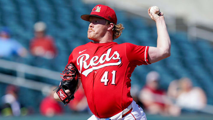 Andrew Abbott (41) throws a pitch in the first inning of a Cactus League game Andrew Abbott (41) throws a pitch in the first inning of a Cactus League game