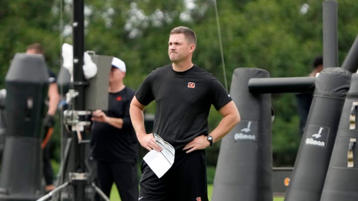 Cincinnati Bengals head coach Zac Taylor watches his team practice during an off-season workout at the practice fields outside of Paycor Stadium Tuesday, May 7, 2024.