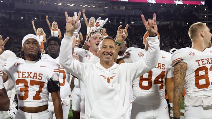 Texas Longhorns head coach Steve Sarkisian reacts after beating the Mississippi State Bulldogs in overtime at Davis Wade Stadium at Scott Field. 