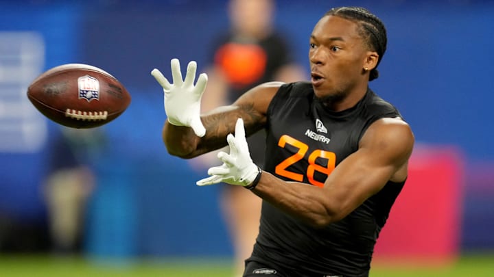 Virginia Tech wideout Jaylin Lane (WO28) during the 2025 NFL Combine at Lucas Oil Stadium. Mandatory Credit: Kirby Lee-Imagn Images Virginia Tech wideout Jaylin Lane (WO28) during the 2025 NFL Combine at Lucas Oil Stadium. Mandatory Credit: Kirby Lee-Imagn Images