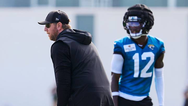 Jacksonville Jaguars head coach Liam Coen lines up against wide receiver Travis Hunter (12) during an NFL training camp session at the Miller Electric Center, Sunday, Aug. 3, 2025, in Jacksonville, Fla. [Corey Perrine/Florida Times-Union]