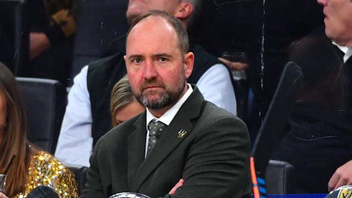 Feb 13, 2020; Las Vegas, Nevada, USA; Vegas Golden Knights head coach Peter DeBoer is pictured during the third period against the St. Louis Blues at T-Mobile Arena. Mandatory Credit: Stephen R. Sylvanie-Imagn Images