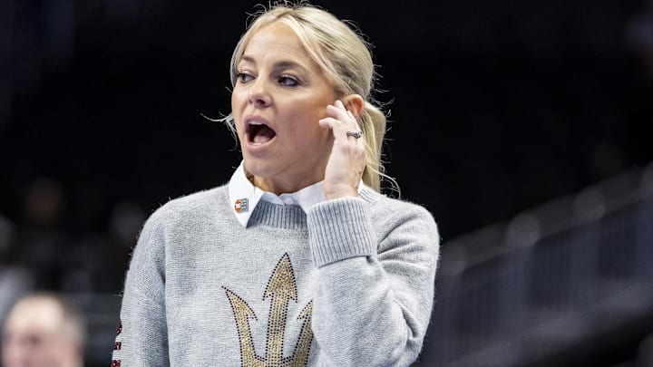 Mar 6, 2026; Kansas City, MO, USA; Arizona State head coach Molly Miller reacts to a play against West Virginia during the first half at T-Mobile Center. Mandatory Credit: Nick Tre. Smith-Imagn Images Mar 6, 2026; Kansas City, MO, USA; Arizona State head coach Molly Miller reacts to a play against West Virginia during the first half at T-Mobile Center. Mandatory Credit: Nick Tre. Smith-Imagn Images
