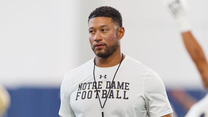 Notre Dame head coach Marcus Freeman during a football practice at Irish Athletic Center on Thursday, July 31, 2025, in South Bend.