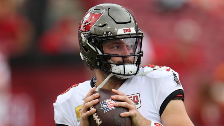 Nov 9, 2025; Tampa, Florida, USA; Tampa Bay Buccaneers quarterback Baker Mayfield (6) warms up before a game against the New England Patriots at Raymond James Stadium. Mandatory Credit: Nathan Ray Seebeck-Imagn Images