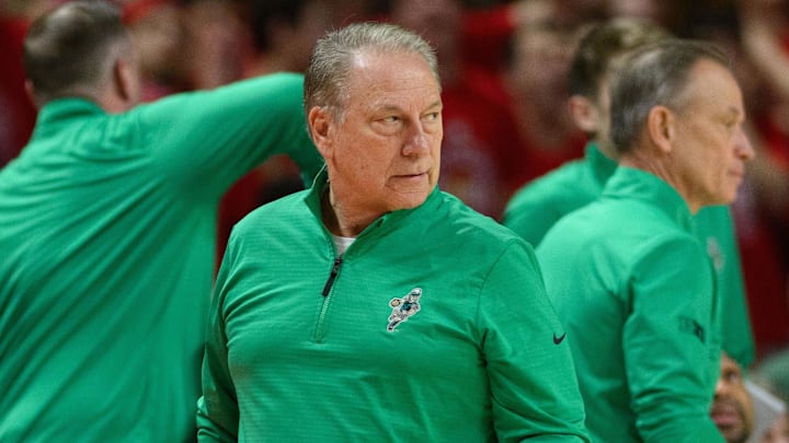 Feb 26, 2025; College Park, Maryland, USA; Michigan State Spartans head coach Tom Izzo reacts during the first half against the Maryland Terrapins at Xfinity Center. Mandatory Credit: Reggie Hildred-Imagn Images