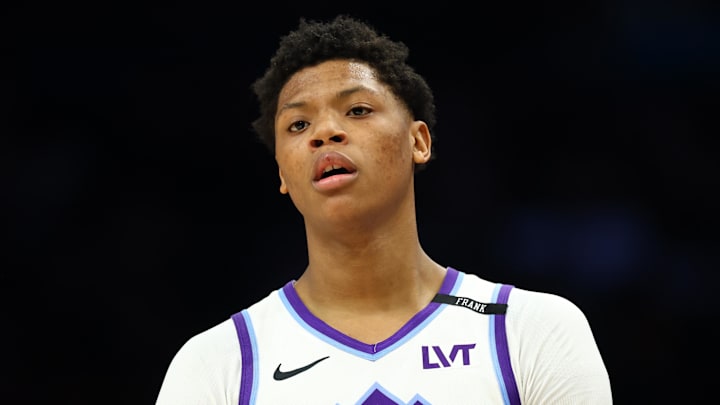 Mar 28, 2026; Phoenix, Arizona, USA; Utah Jazz guard Ace Bailey (19) against the Phoenix Suns at Mortgage Matchup Center. Mandatory Credit: Mark J. Rebilas-Imagn Images