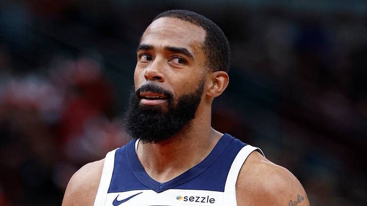 Nov 7, 2024; Chicago, Illinois, USA; Minnesota Timberwolves guard Mike Conley (10) reacts after shooting a free throw against the Chicago Bulls during the first half at United Center. Mandatory Credit: Kamil Krzaczynski-Imagn Images