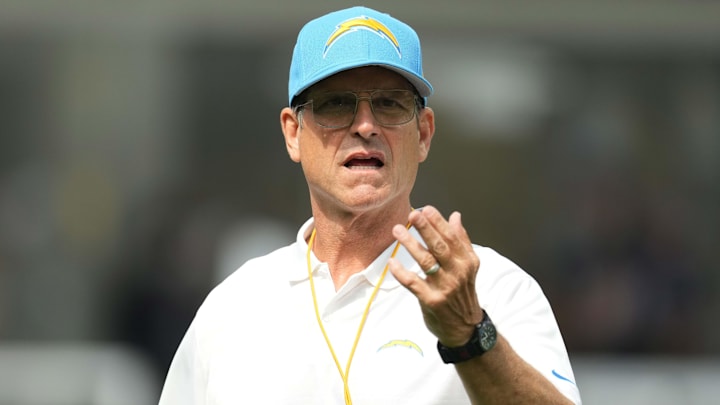 Aug 17, 2024; Inglewood, California, USA; Los Angeles Chargers coach Jim Harbaugh reacts against the Los Angeles Rams in the first half at SoFi Stadium. Mandatory Credit: Kirby Lee-Imagn Images