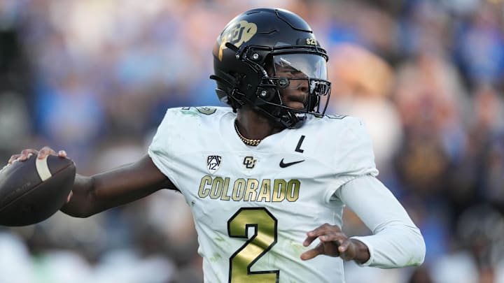 Oct 28, 2023; Pasadena, California, USA; Colorado Buffaloes quarterback Shedeur Sanders (2) throws the ball against the UCLA Bruins in the first half at Rose Bowl. Mandatory Credit: Kirby Lee-Imagn Images