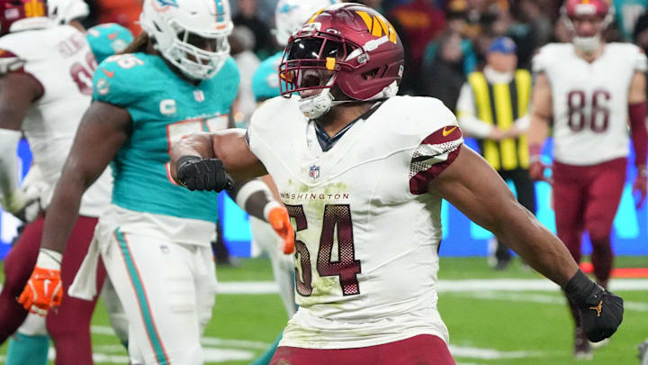 Washington Commanders linebacker Bobby Wagner reacts after a play against the Miami Dolphins.