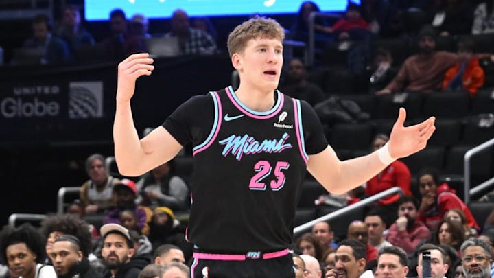 Miami Heat guard Kasparas Jakucionis (25) reacts (Mandatory Credit: Rafael Suanes-Imagn Images)