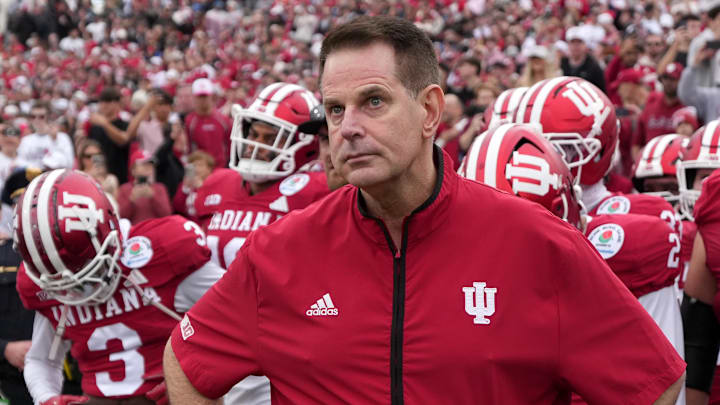 Jan 1, 2026; Pasadena, CA, USA; Indiana Hoosiers head coach Curt Cignetti looks on before the 2026 Rose Bowl and quarterfinal game of the College Football Playoff against the Alabama Crimson Tide at Rose Bowl Stadium. 