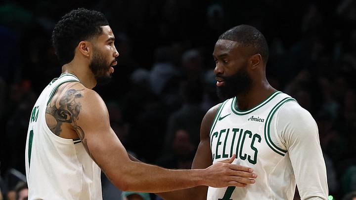Mar 25, 2026; Boston, Massachusetts, USA; Boston Celtics guard Jaylen Brown (7) and forward Jayson Tatum (0) congratulate each other in the final seconds of the fourth quarter of their win over the Oklahoma City Thunder at TD Garden. Mandatory Credit: Winslow Townson-Imagn Images