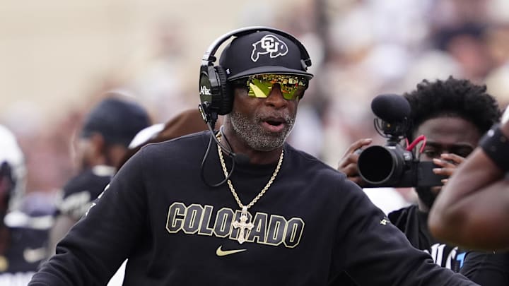 Sep 6, 2025; Boulder, Colorado, USA; Colorado Buffaloes head coach Deion Sanders during the second half against the Delaware Fightin Blue Hens at Folsom Field. Mandatory Credit: Ron Chenoy-Imagn Images