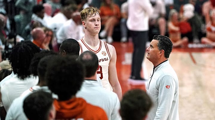 Texas Longhorns head coach Sean Miller takes out center Matas Vokietaitis (8) during the second half against the Rider Broncs at Moody Center.