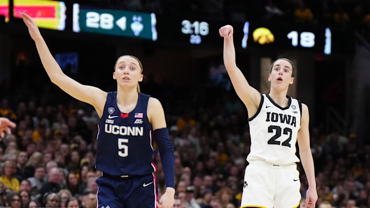 Iowa Hawkeyes guard Caitlin Clark and Connecticut Huskies guard Paige Bueckers.