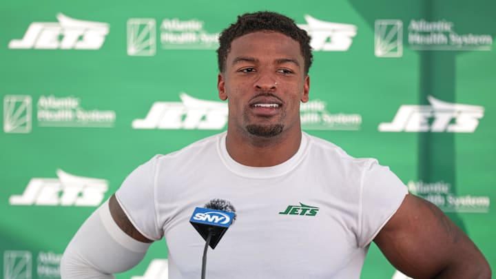 New York Jets cornerback D.J. Reed (4) talks with media during training camp at Atlantic Health Jets Training Center 